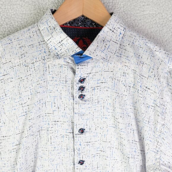Au Noir Shirt Mens 5 White Blue Button Up Striped Geometric Long Sleeve - Picture 2 of 11